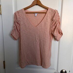 Nine West Puff Sleeve V-Neck Tee Coral Pink Orange size Medium